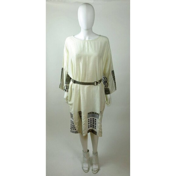 Vintage Boho White Embroidered Raw Silk Kaftan Dress - Picture 3 of 8